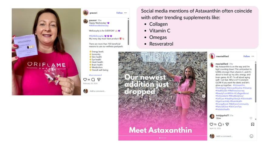 Images of beauty influencers from social media talking about astaxanthin